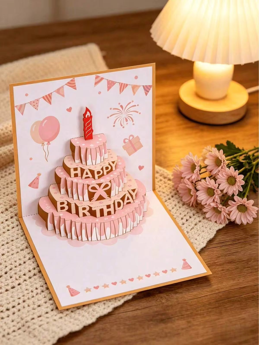 1pc Handmade 3D Pop-Up Birthday Card, Featuring Vivid Cake And Balloon Design With "Happy Birthday" Text, Ideal For Gifting To Friends And Family, Perfect For Birthday Party Supplies, Celebration Events And Birthday Party Decorations.